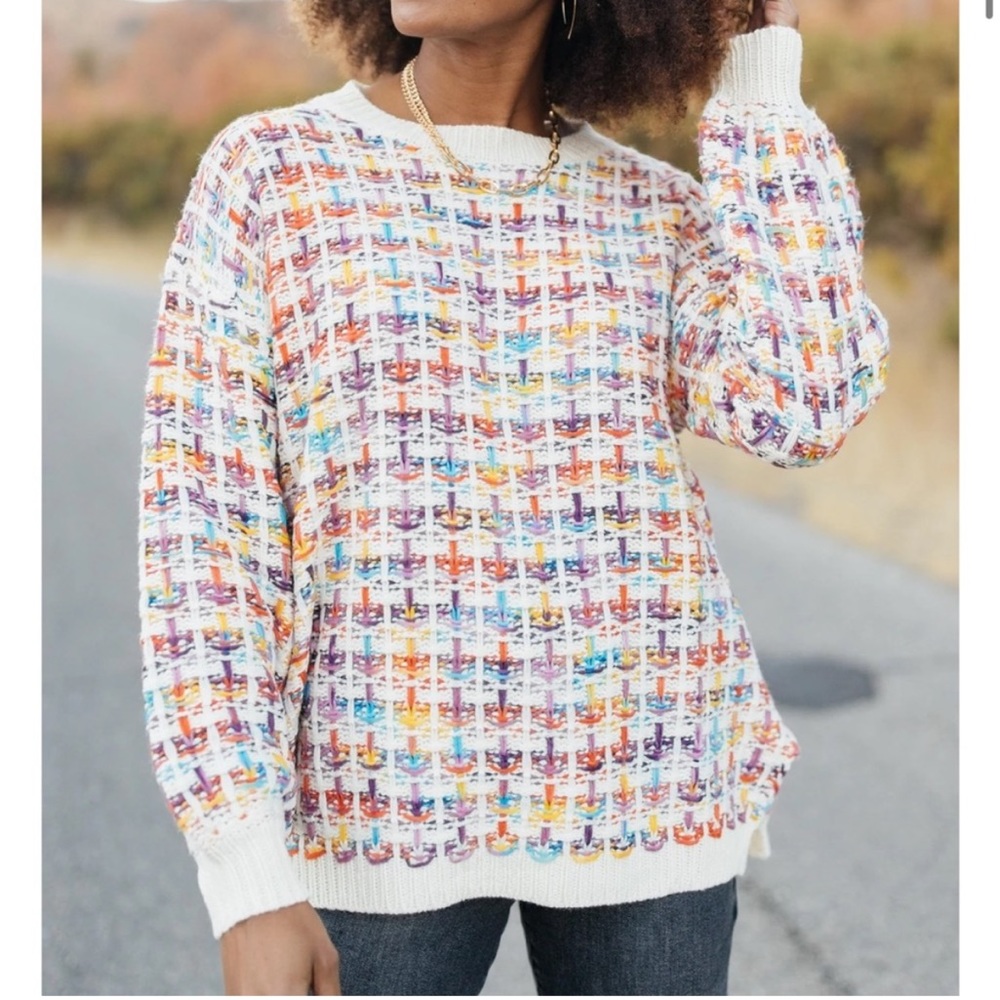 ANDREW MARC NY multi-color chunky knit shimmer tinsel sweater L